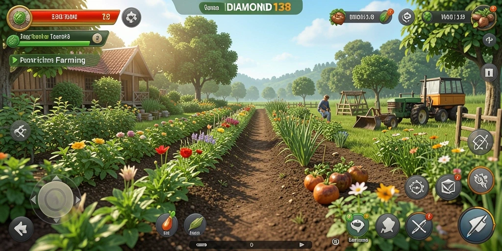 Screenshot gameplay <strong>DIAMOND138</strong> menampilkan kebun yang rimbun dengan berbagai tanaman.