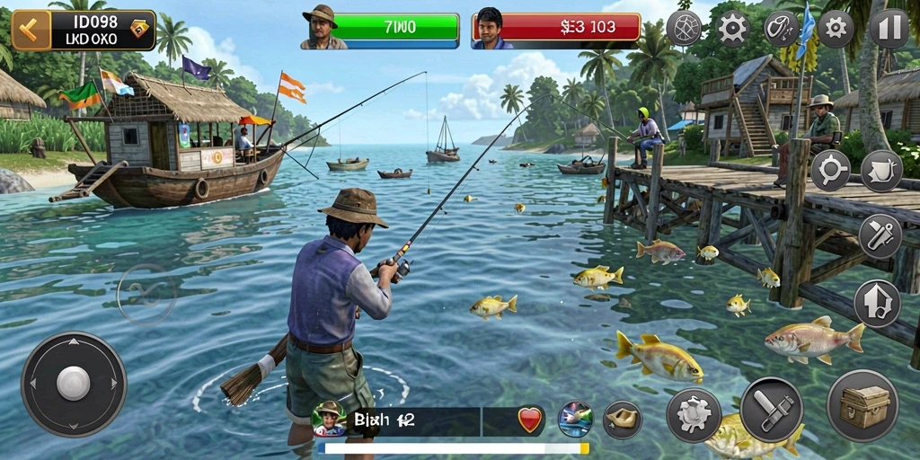 Screenshot gameplay ID098 menampilkan aksi seru saat menangkap ikan.