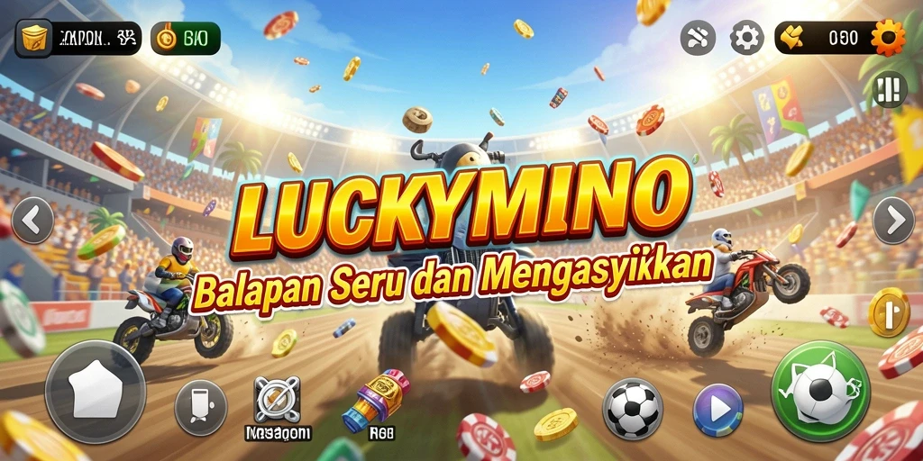 Tangkapan layar gameplay LUCKYMINO memperlihatkan aksi balapan seru.