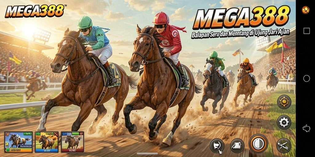 Tampilan gameplay seru di MEGA388 dengan mobil balap yang melaju kencang.