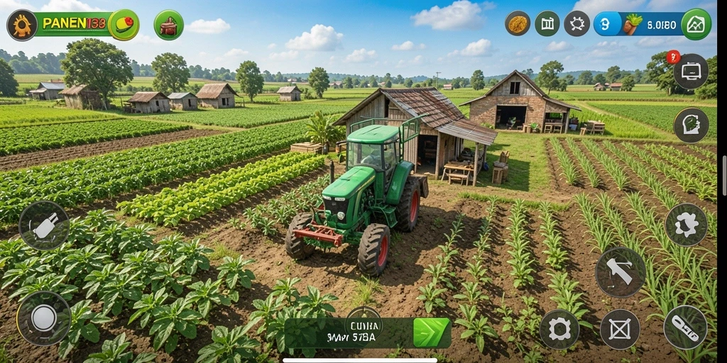 Screenshot gameplay menunjukkan pengelolaan lahan yang strategis dan interaksi sosial.
