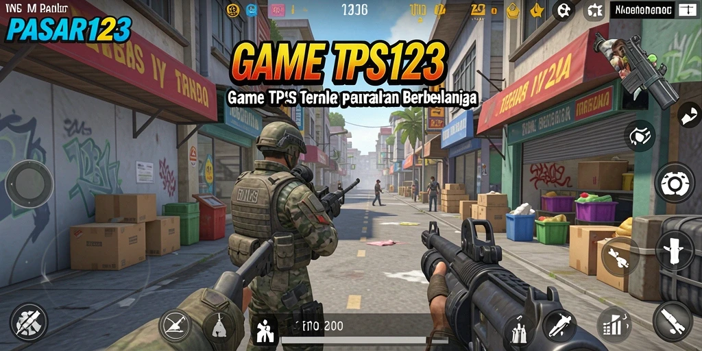 Tangkapan layar game PASAR123 menampilkan eksplorasi pasar dengan gameplay TPS.