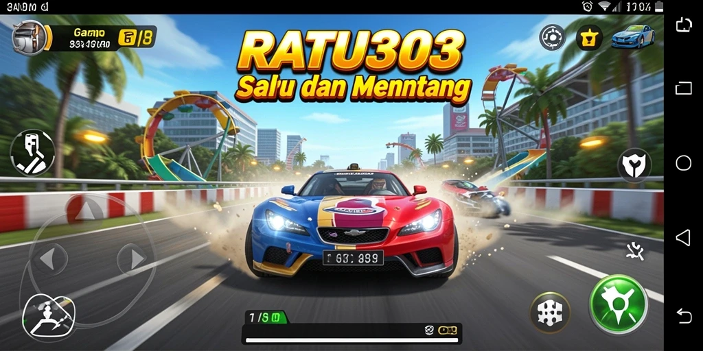 Screenshot utama RATU303 menampilkan gameplay balap yang mendebarkan.