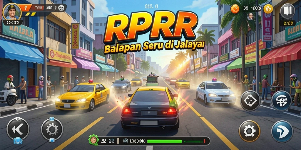 Screenshot gameplay RPRR menampilkan aksi balapan yang mendebarkan.