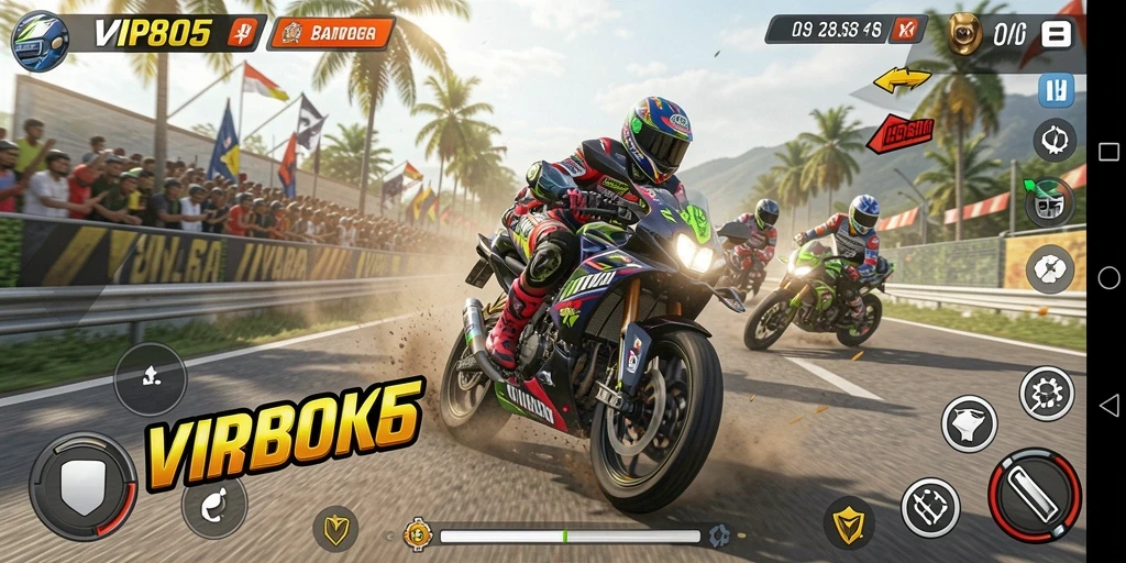 Screenshot menunjukkan aksi balapan motor yang seru dan mendebarkan.